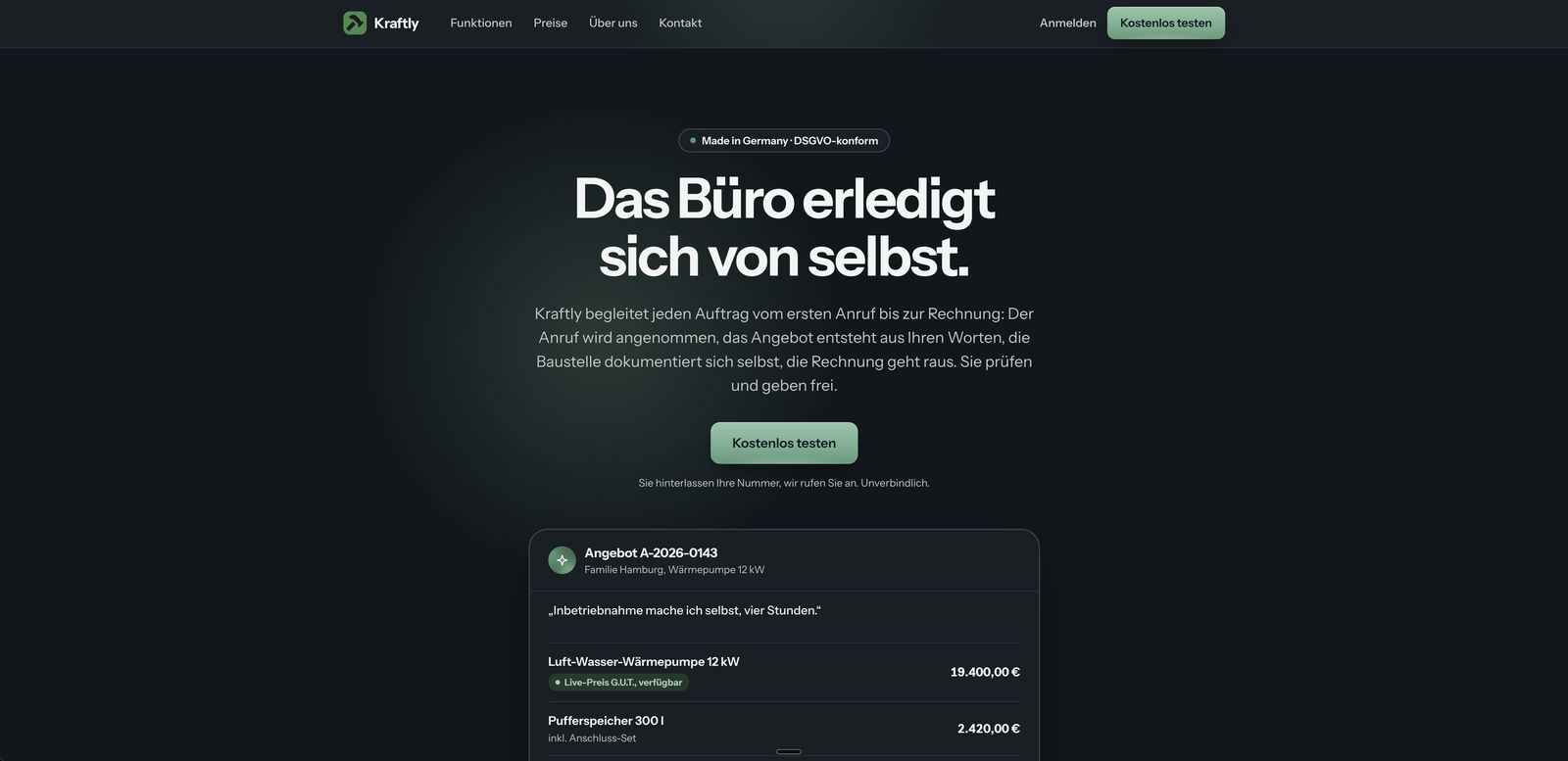 Screenshot der Website von Kraftly.ai – Desktop-Ansicht