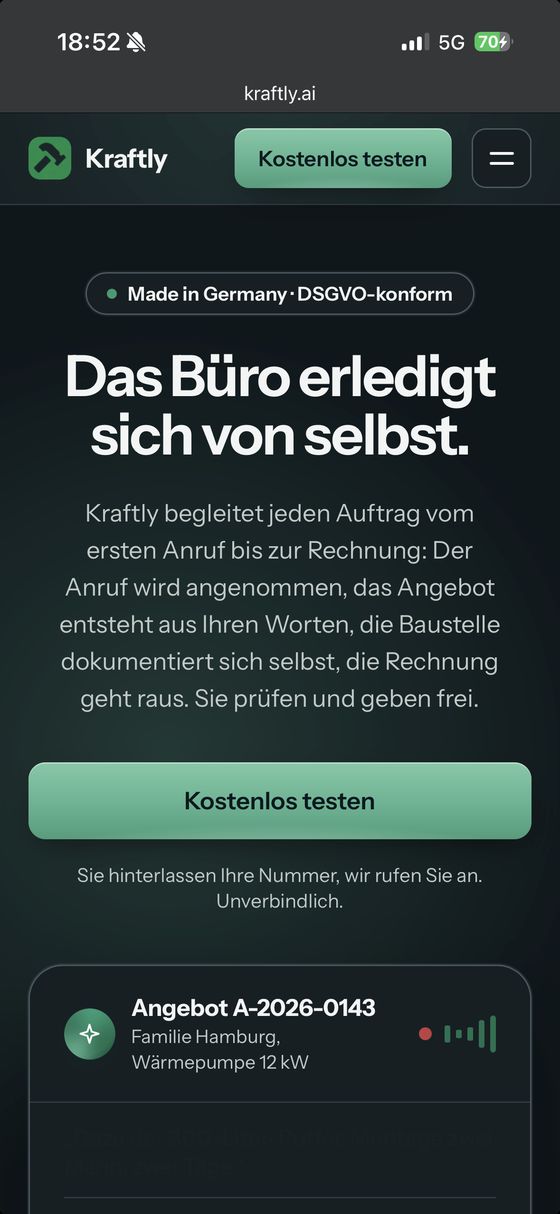 Screenshot der Website von Kraftly.ai – Mobilansicht