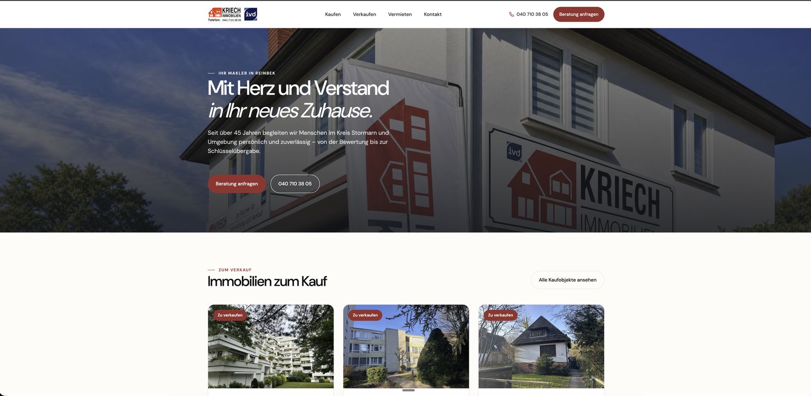 Screenshot der Website von Kriech Immobilien – Desktop-Ansicht
