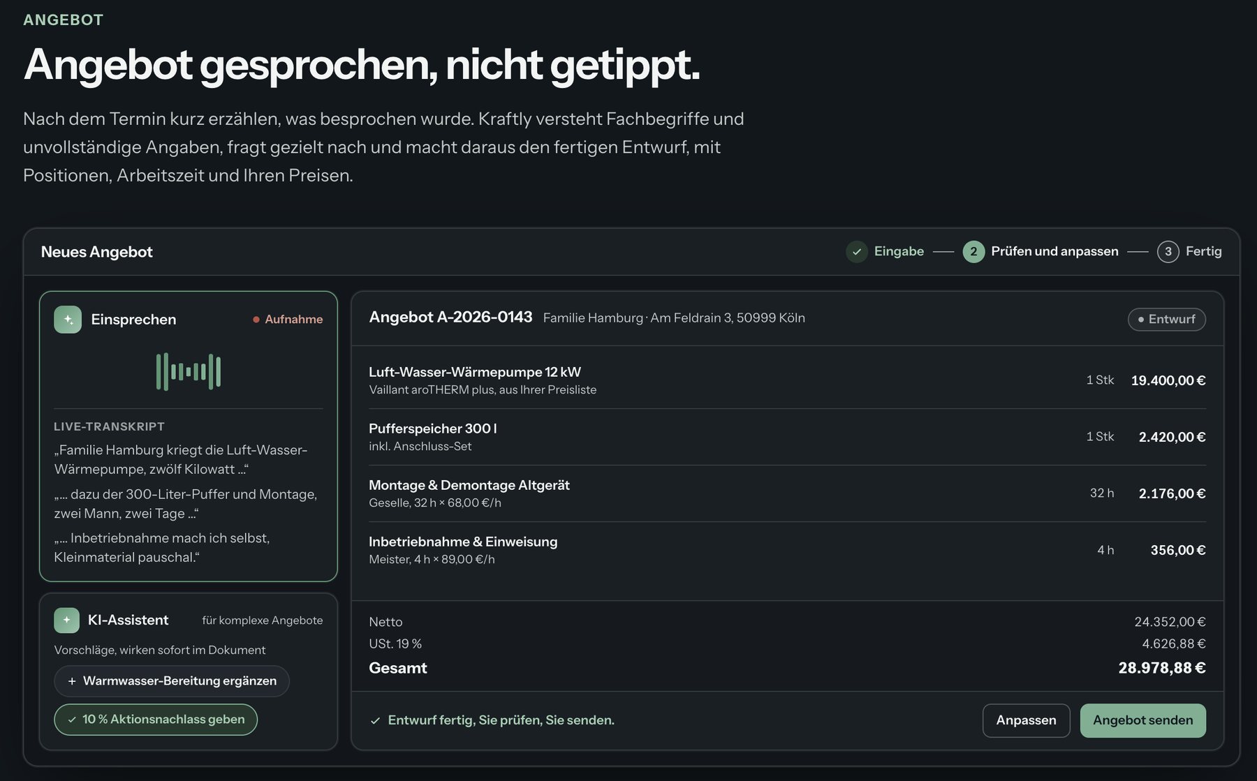 Kraftly-App: Angebot per Sprache erstellen – Live-Transkript, KI-Assistent und fertiger Angebotsentwurf